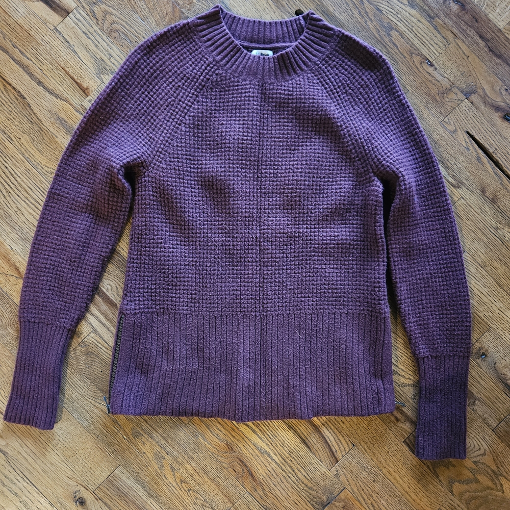 L.L. Bean Plum Waffle Knit Wool Blend Sweater XS – Side Zip Ribbed Hem